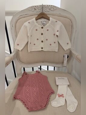 🦢 6~9 Mth Dusty Rose Baby Romper & Ivory Cardigan with Floral Embroidery Set NWT